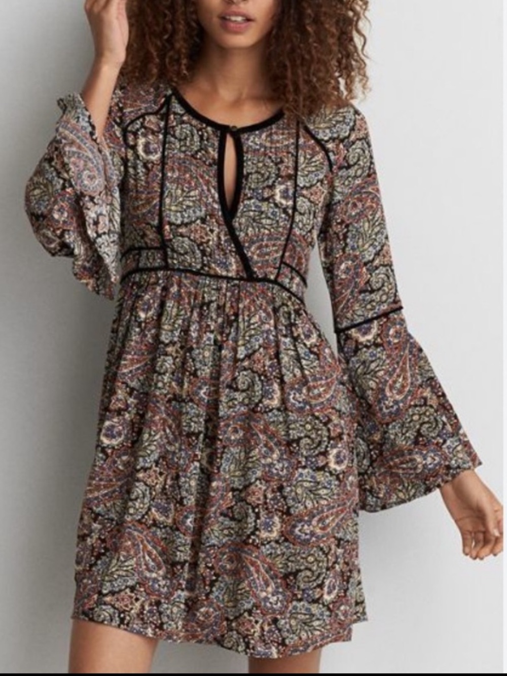 American Eagle Velvet Trim Floral Paisley Babydoll Dress Size Small Bell Sleeve
